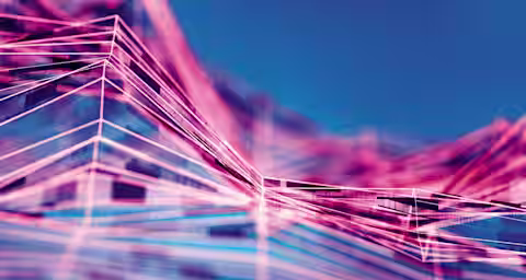 An abstract digital artwork featuring interconnected pink lines forming geometric shapes and contours against a gradient blue background. The lines create a sense of depth and motion, suggesting a futuristic network or topographical landscape.