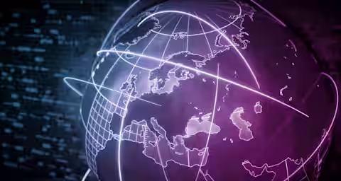 A digital rendering of a globe focused on Europe, displaying illuminated lines representing global connections or data transfer routes. The globe is highlighted in shades of purple against a dark, technology-inspired background with binary code patterns.