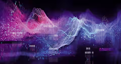 Abstract digital art featuring a 3D wavy landscape with vibrant colors of purple, pink, and blue. Numerous small data points and lines create a sense of motion and complexity, evoking themes of technology, data visualization, and modern digital landscapes.