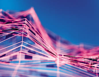 An abstract digital artwork featuring interconnected pink lines forming geometric shapes and contours against a gradient blue background. The lines create a sense of depth and motion, suggesting a futuristic network or topographical landscape.