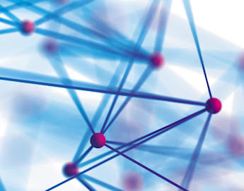 An abstract image features a network of interconnected blue lines and pink spheres, creating a web-like pattern against a white background with subtle blue gradients. The image evokes a sense of complexity and connectivity, suggestive of networks, data, or molecules.