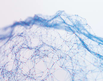 A complex network of interconnected blue and red lines and dots, forming an abstract three-dimensional structure against a white background. The lines and dots resemble a digital or neural network, giving a sense of intricate connectivity and data flow.