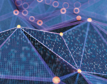 A digital abstract image featuring a network of interconnected points and lines forming geometric shapes. The background shows binary code, creating a visually complex representation of data flow and connectivity in technology.