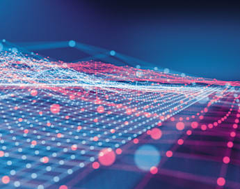 An abstract digital landscape with a grid of interconnected dots and lines in shades of blue, pink, and red. The lines form a complex, wave-like structure, suggesting data flow or a digital network, against a dark blue gradient background.