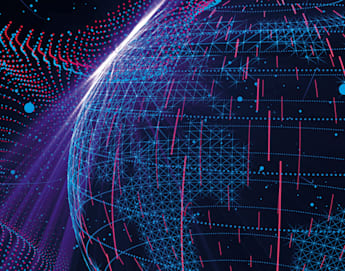 A digital illustration of a globe made up of interconnected blue and pink lines and dots, against a dark background with scattered light dots. The image conveys a futuristic, technological world linked by data networks.