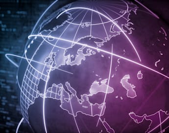 A digital rendering of a globe focused on Europe, displaying illuminated lines representing global connections or data transfer routes. The globe is highlighted in shades of purple against a dark, technology-inspired background with binary code patterns.