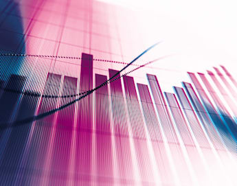 A vibrant abstract image featuring overlapping bar graphs and line plots with shades of pink, purple, and blue. The graph elements create dynamic movement across the image, conveying data visualization concepts and statistical analysis. The background is light and blurred.