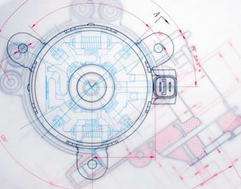 A detailed technical drawing of a mechanical component, primarily displaying a circular section with intricate internal structures and measurements marked in red and blue lines. The background features additional schematic elements overlapping with the main drawing.