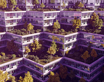 Aerial view of a unique, multi-story apartment complex with a zigzag design, featuring many balconies and rooftops adorned with trees and greenery. The buildings have a modern architectural style and the image has a purple tint.