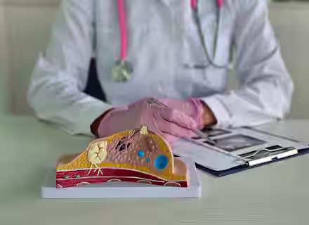 A doctor wearing pink gloves and a stethoscope holds a pen and sits at a desk with a medical model of breast tissue and a clipboard with papers.