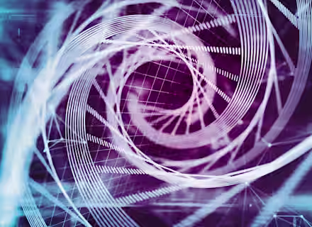 A dynamic abstract image featuring intertwined spirals and grid lines in white against a gradient purple and blue background. The intricate design creates a sense of motion and depth, resembling a complex digital or futuristic construct.