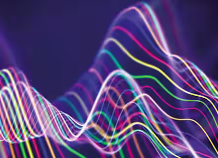 A dynamic, abstract image featuring colorful, wavy lines against a dark purple background. The lines are interwoven, creating a sense of movement and fluidity. Bright neon colors such as pink, yellow, green, and blue are prominent, adding vibrancy to the scene.
