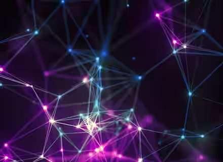 A digital abstract image featuring interconnected lines and nodes illuminated in neon colors like blue, pink, and purple on a dark background. The bright points of connection create a complex, web-like visual pattern.