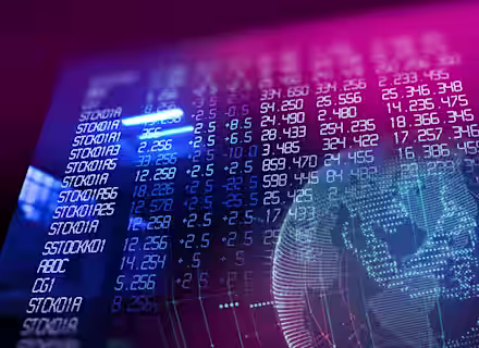 A digital and futuristic screen displaying stock market data and numbers in blue text with a pink and purple gradient background. A globe and a series of lines are faintly visible in the foreground, adding a technological and global theme to the image.