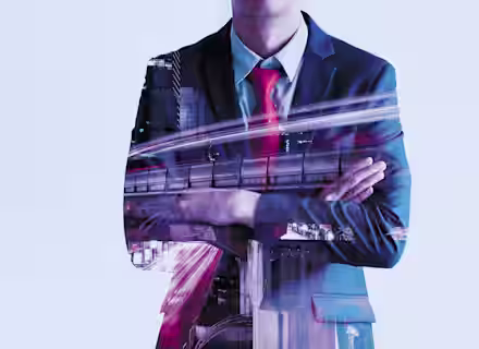 A man in a suit and red tie stands with arms crossed, superimposed with an image of a city skyline and a bridge. The image blends urban elements with the businessman's figure, creating a composite of professional and metropolitan themes.
