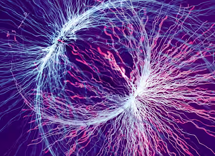 A visually striking image featuring two clusters of interconnected, glowing threads in blue and pink against a dark purple background. The threads form intricate, dynamic patterns, creating a sense of movement and energy, resembling neural networks or abstract art.