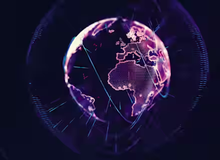 A digital representation of Earth is depicted in a dark background. The globe is illuminated with pink and purple hues, featuring interconnected lines and dots, suggesting a global network or futuristic technology. Europe, Africa, and parts of Asia are prominently visible.