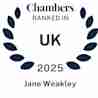 A laurel wreath graphic with text: "Chambers Ranked in UK 2025 Jane Weakley.