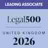 A badge with the text "Leading Associate" at the top, and below, "Legal 500 United Kingdom 2026" on a light blue background.