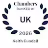 Circular laurel design with the text “Chambers Ranked In UK 2026 Keith Cundall” in dark blue letters, indicating a ranking or award for Keith Cundall in the UK for 2026 by Chambers.