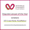 A flyer with the logo and title "Women & Diversity in Law Awards." Below, the text reads: "Disputes Lawyer of the Year - WINNER - Jill Greenfield, Fieldfisher." At the bottom, there is a website URL: womenanddiversityinlawawards.com.