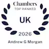 A dark blue laurel wreath surrounds the text: "Chambers Top Ranked UK 2026 Andrew G Morgan" on a white background.