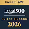 Legal 500 Hall of Fame United Kingdom 2026 logo with gold and white text on a dark blue background.