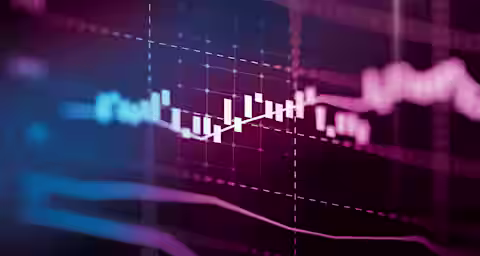 Close-up image of a financial graph with candlestick chart patterns reflecting stock market data. The background is dark with a neon pink, blue, and purple glow, creating a futuristic and dynamic visual effect.