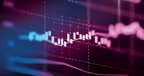 Close-up image of a financial graph with candlestick chart patterns reflecting stock market data. The background is dark with a neon pink, blue, and purple glow, creating a futuristic and dynamic visual effect.