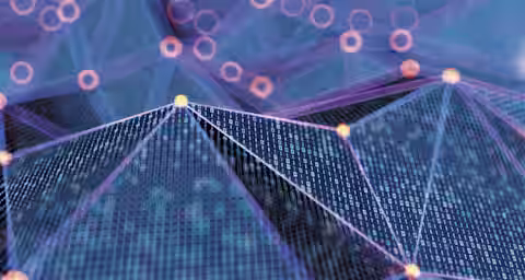 A digital abstract image featuring a network of interconnected points and lines forming geometric shapes. The background shows binary code, creating a visually complex representation of data flow and connectivity in technology.