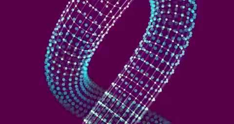 An abstract image features a twisting, figure-eight structure made up of blue and white interconnected dots on a vibrant purple background. The dots form a mesh-like pattern, creating a sense of depth and movement.
