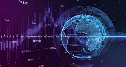 A digital illustration of a globe with neon blue lines and rings, overlaying a dark background with financial graphs and data. The image evokes a sense of global connectivity and financial markets.
