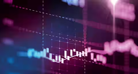 Close-up image of a financial graph with candlestick chart patterns reflecting stock market data. The background is dark with a neon pink, blue, and purple glow, creating a futuristic and dynamic visual effect.