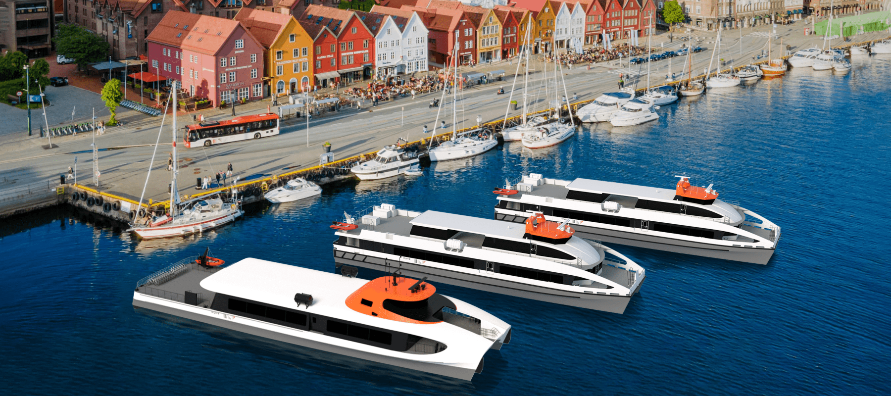 Tre nye hurtigbåtar som skal inn i Fjord1 si rute i Bergen.