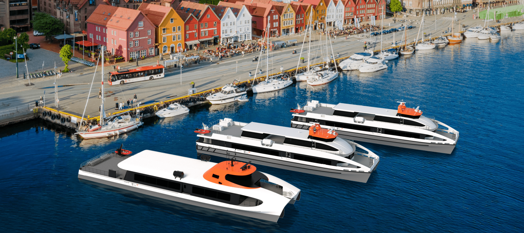 Tre nye hurtigbåtar som skal inn i Fjord1 si rute i Bergen.