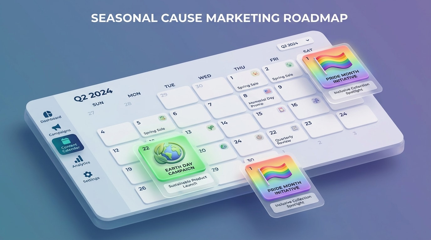 A calendar view highlighting different seasonal cause marketing events like Earth Day and Pride Month