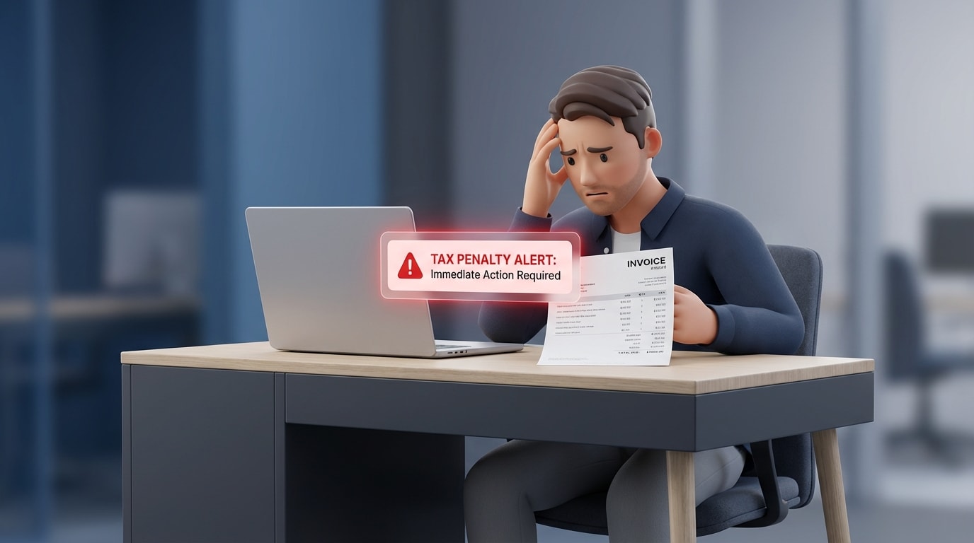 A frustrated merchant looking at a laptop screen showing a red tax penalty notification next to a printed invoice