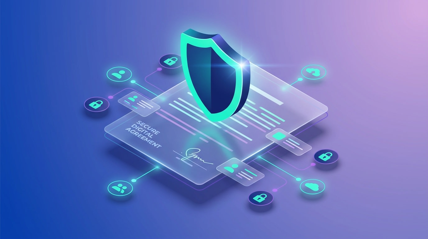 A graphic showing a digital contract and a shield, representing UGC rights management and legal protection
