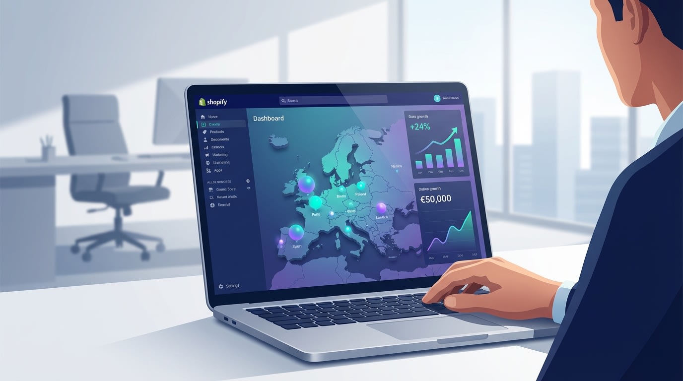 A merchant reviewing Shopify analytics dashboard filtered by European customer locations