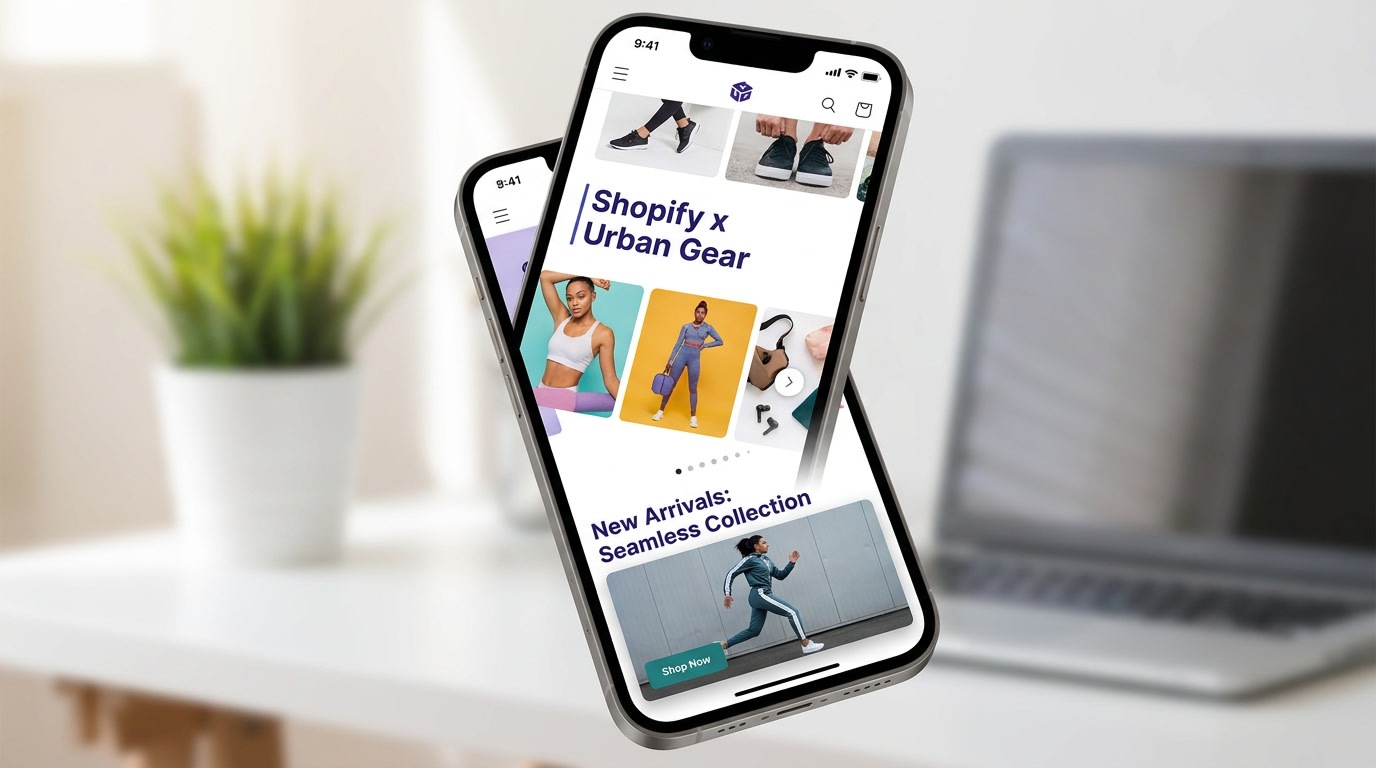 A mobile phone screen displaying a fast-loading Shopify store with a sleek shoppable video widget at the bottom