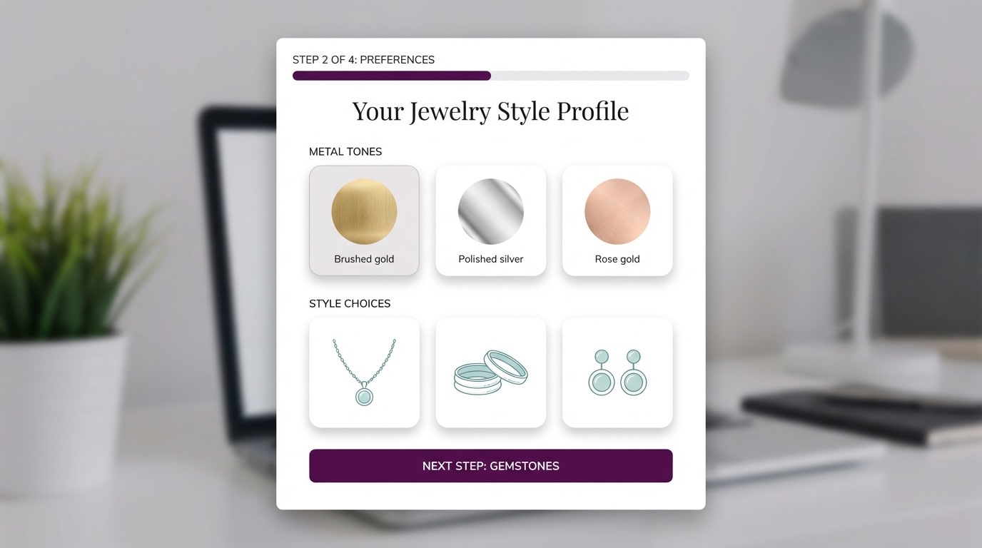 A multi-step popup form asking for a customer's preferred metal tones and style choices