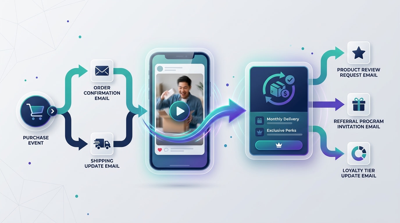 A post-purchase email flow diagram showing a user-generated video prompting a subscribe-and-save upgrade