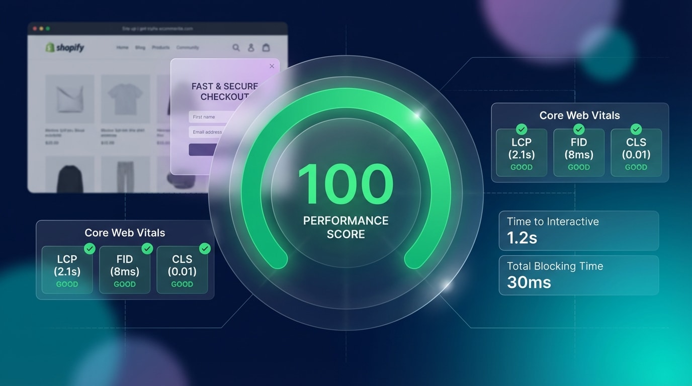 A screenshot of Google PageSpeed Insights showing a high performance score for a Shopify store using optimized popups