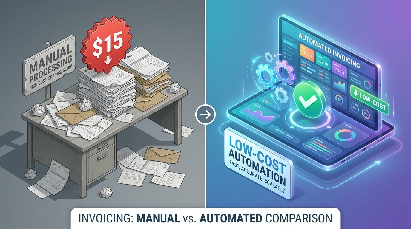 A side-by-side comparison chart showing the $15 cost of paper processing versus the automated cost of digital invoicing