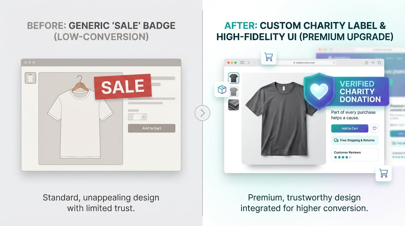 A side-by-side comparison of a generic sale badge versus a customized verified charity donation product label on a Shopify store