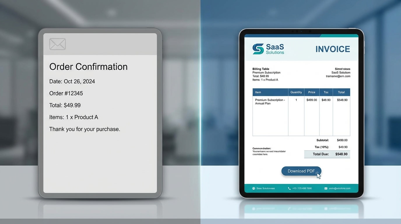 A side-by-side comparison of a standard HTML email receipt and a professionally structured PDF invoice