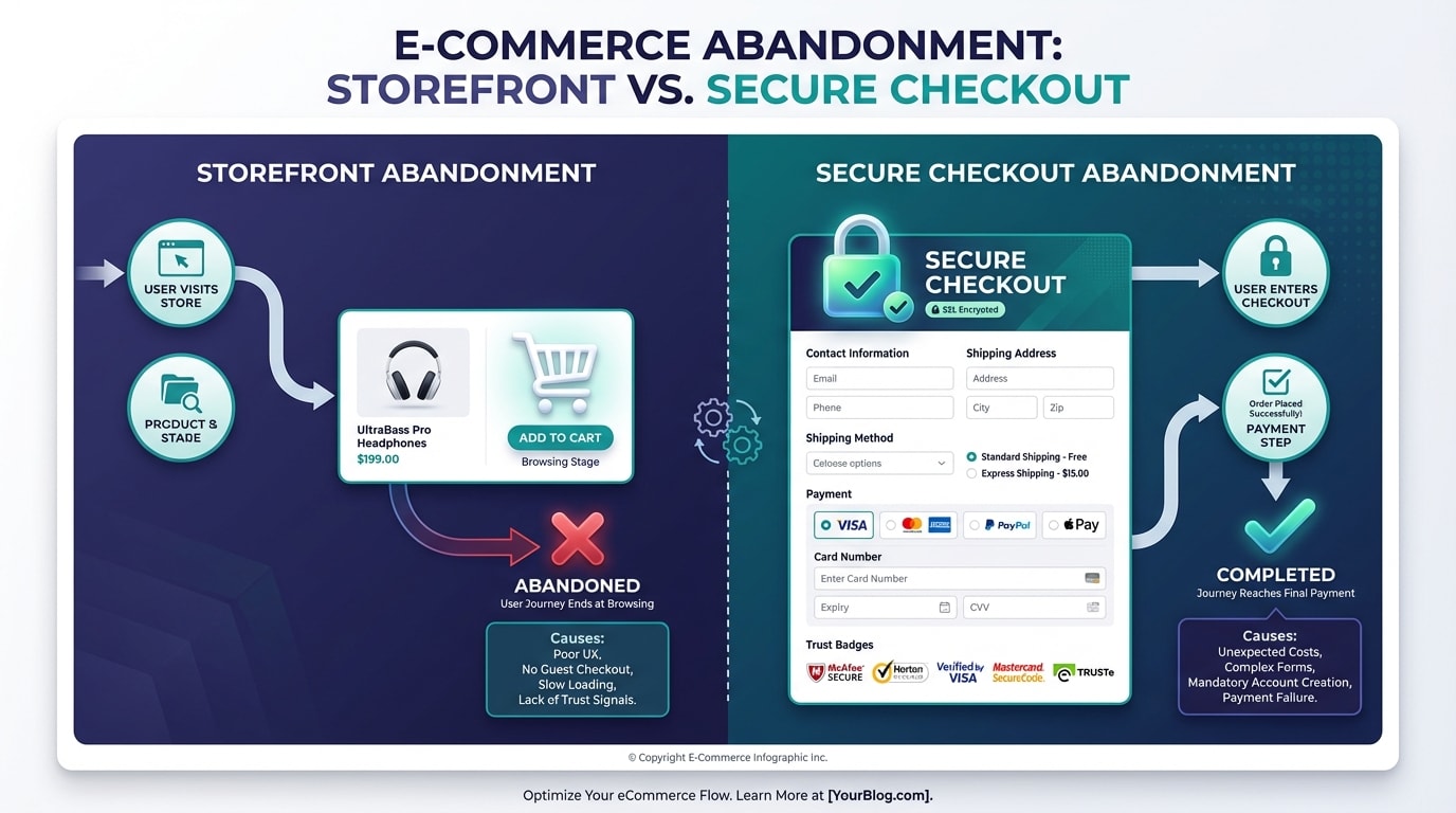 A side-by-side flow chart showing the difference between a user abandoning a shopping cart on a storefront versus abandoning at the secure Shopify checkout page