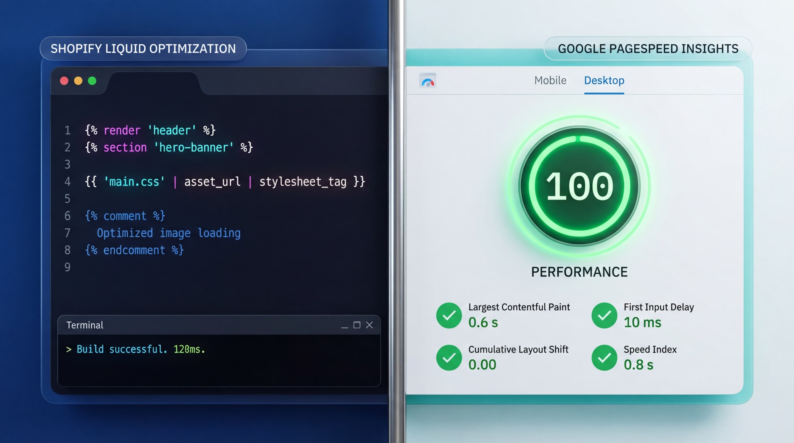A split screen showing Shopify liquid code on the left and Google PageSpeed Insights on the right