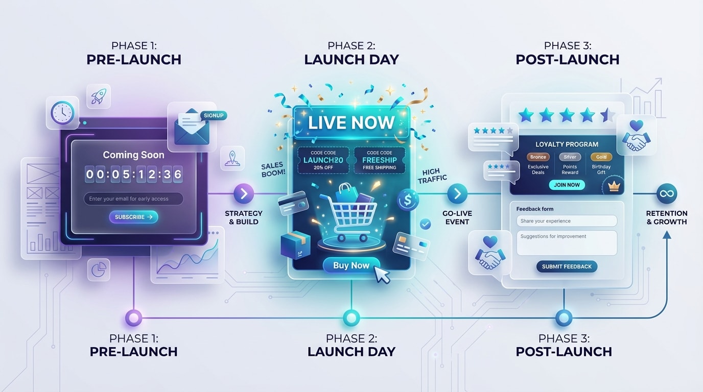 A strategic timeline showing Pre-launch, Launch Day, and Post-launch popup phases on a Shopify store