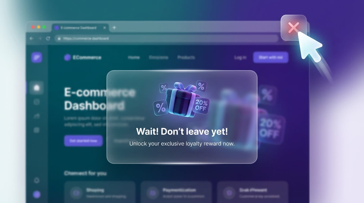 A visual representation of a mouse cursor moving towards the browser close button, triggering a loyalty reward popup